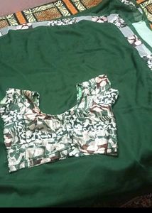 Stylish Ethnic Green Saree Blouse Set