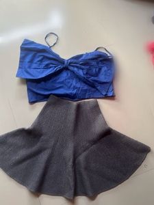 Stylish Blue Crop Top & Grey Skirt Set