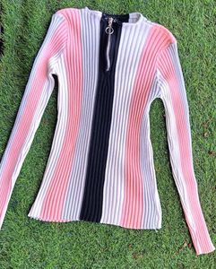 Striped Zip-Up Ribbed Sweater