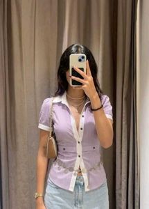 Striped Puff Sleeve Button-Up Shirt