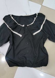 Black Button-Up Top with Ruffled Collar