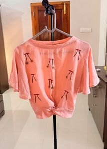 Peach Knot-Front Top with Minimal Embroidery