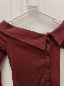 Maroon Off-Shoulder Button-Up Top