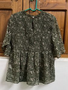 Green Floral Smocked Peplum Top