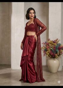 Embellished Maroon Kurta Set with Skirt