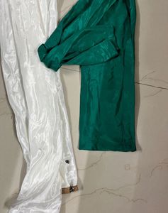 New Green &amp; White Shiny Silk Pants Set