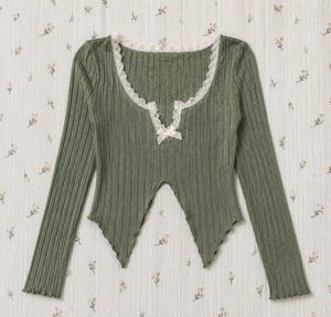 Cute Green Lace Trim Long Sleeve Top