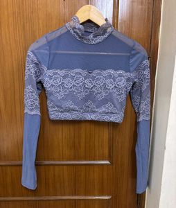 Sheer Lace Crop Detail Mesh Top/ Blouse