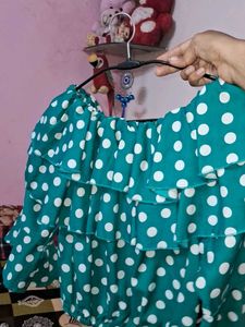 Chic Teal Polka Dot Off-Shoulder Top