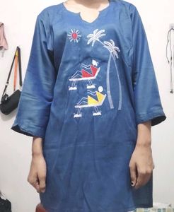 Blue Kurta with Beach Scene Embroidery