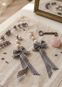 New  Pearl & Gingham Bow Dangle Earrings