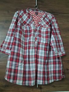 Red Plaid Collared Tunic Top