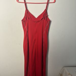 Red Spaghetti Strap Dress With slit on lef