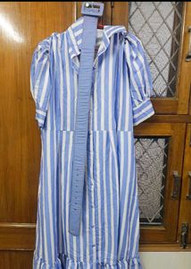 Chic Blue &amp; White Striped Maxi Dress with belt