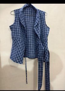 Blue Plaid Tie-Up Tank Top