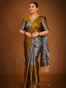 Elegant Grey & Gold Saree tissue sare
