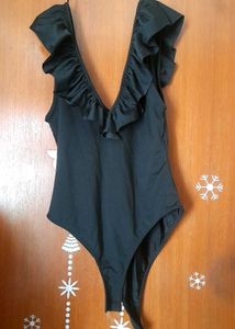 Zara Ruffled Plunging V-Neck Black Bodysuit /Swims