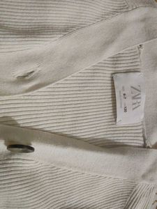 ZARA Cream Ribbed Knit Button-Up Cardigan