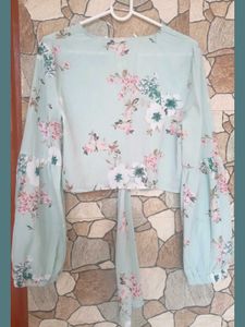Floral Light Mint blue Tie-Front Crop Top
