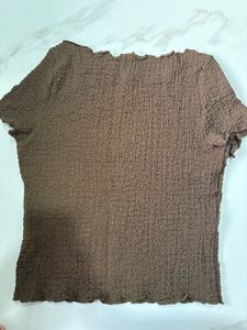 H&amp;M Brown Textured Lettuce Hem Top