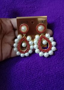 Brand New Red Stones With White Pearl Studded Earr