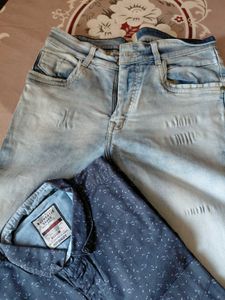 Men's Blue Denim Jeans &amp; Printed Shirt Set