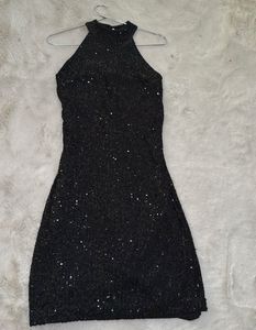 Sparkling Black Sequin Halter Dress