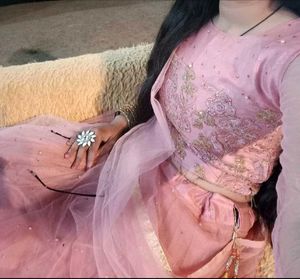 Elegant Peach-Pink Net Embroidered Lehenga Set