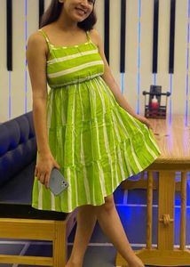 Lime Green Striped Tiered Dress