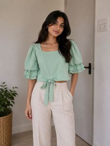 Mint Green Puff Sleeve Square Neck Top
