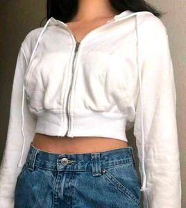 White Cropped Zip-Up Hoodie