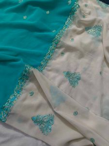 Elegant Teal &amp; White Saree with Blouse