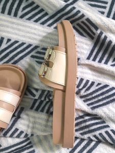 Stylish Beige Slides with Gold Buckles