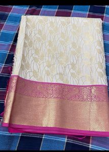 Elegant Cream &amp; Pink Banarasi Silk Saree