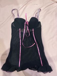 y2k Sheer Black Chemise with Pink Trim