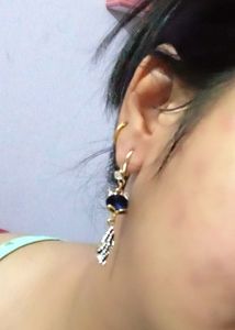 Long Party Wear Designer Earrings Blue Colour Stone