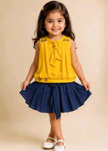 yellow top with navy blue skirt