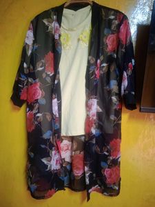 Floral Print Sheer Shrug with Cream Pants Set