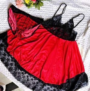 Lace Trimmed Satin Babydoll nighty with brief 👍