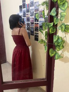 Maroon Smocked Button-Up Midi Dress