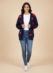 Navy Blue Cardigan with Red Accents