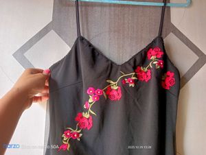 Floral Embroidered Black Midi Dress