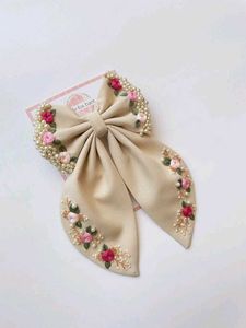 Embroidered Pearl Bow Hair Clip