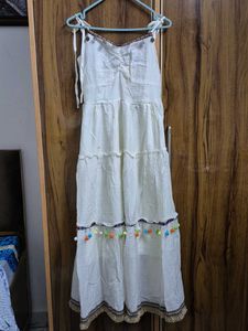 White Tiered Maxi Dress with Pom Poms