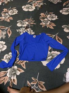 Blue Square Neck Long Sleeve Crop Top