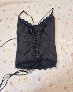 Black Lace Trim Satin corset tieTop
