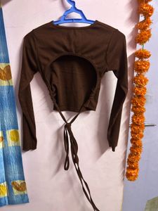 Brown Tie-Back Long Sleeve Crop Top