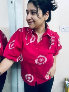 Pink Embroidered Puff Sleeve Shirt🌺