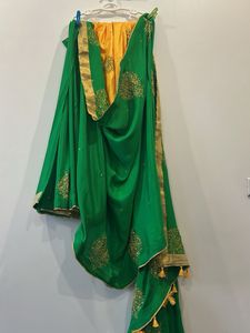 Vibrant Green &amp; Yellow Embroidered Saree