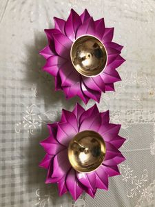 itle:   Set of 2 Purple Lotus Flower Brass Diya |